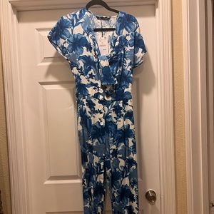 XS blue and white floral pant jumpsuit